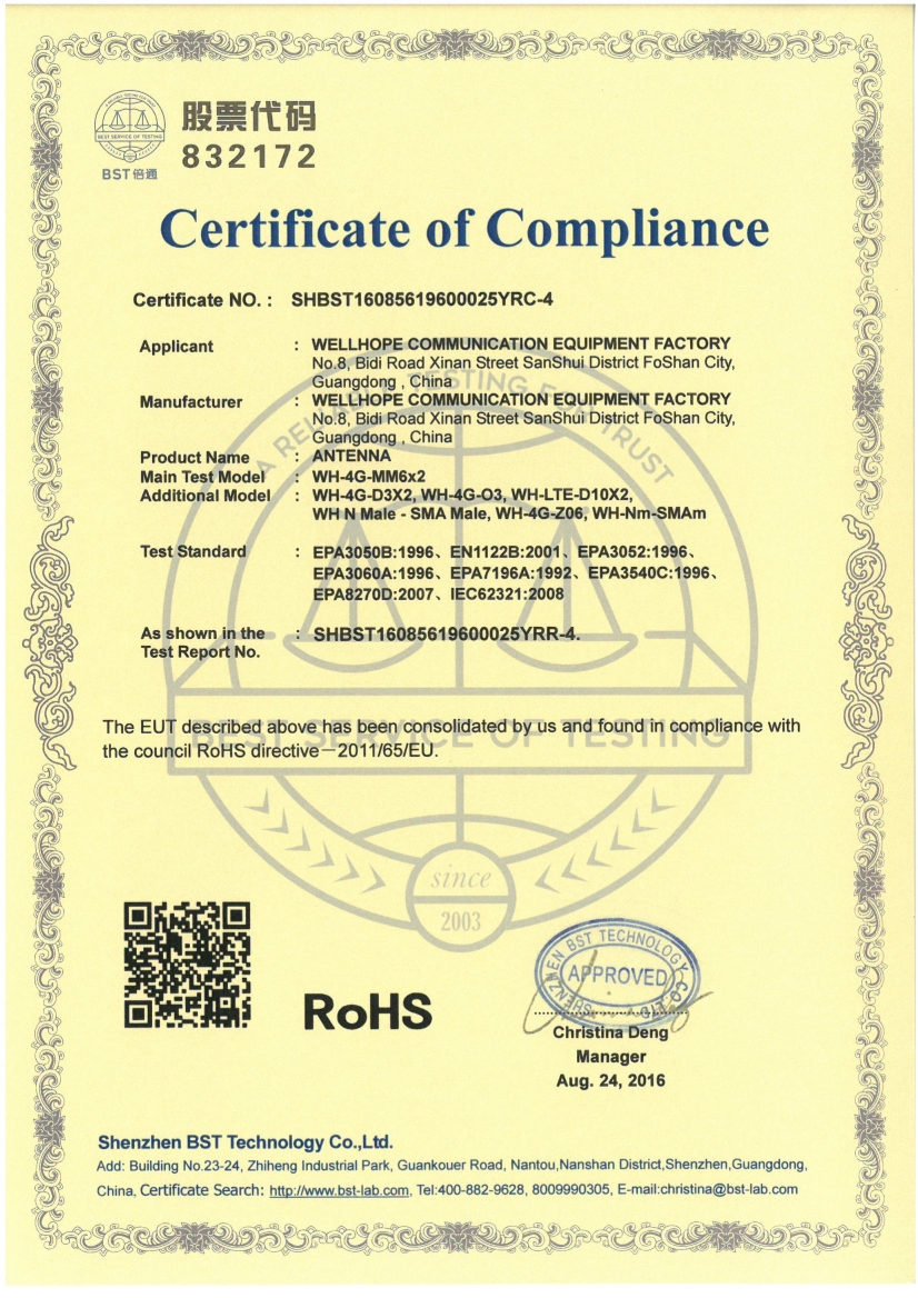 wellhope wireless antenna produce pass ROHS